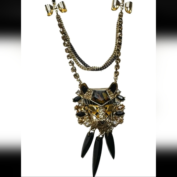 New Vintage! BETSEY JOHNSON Hollywood Glam Tiger Leopard Head Pendant Necklace. - Picture 4 of 11